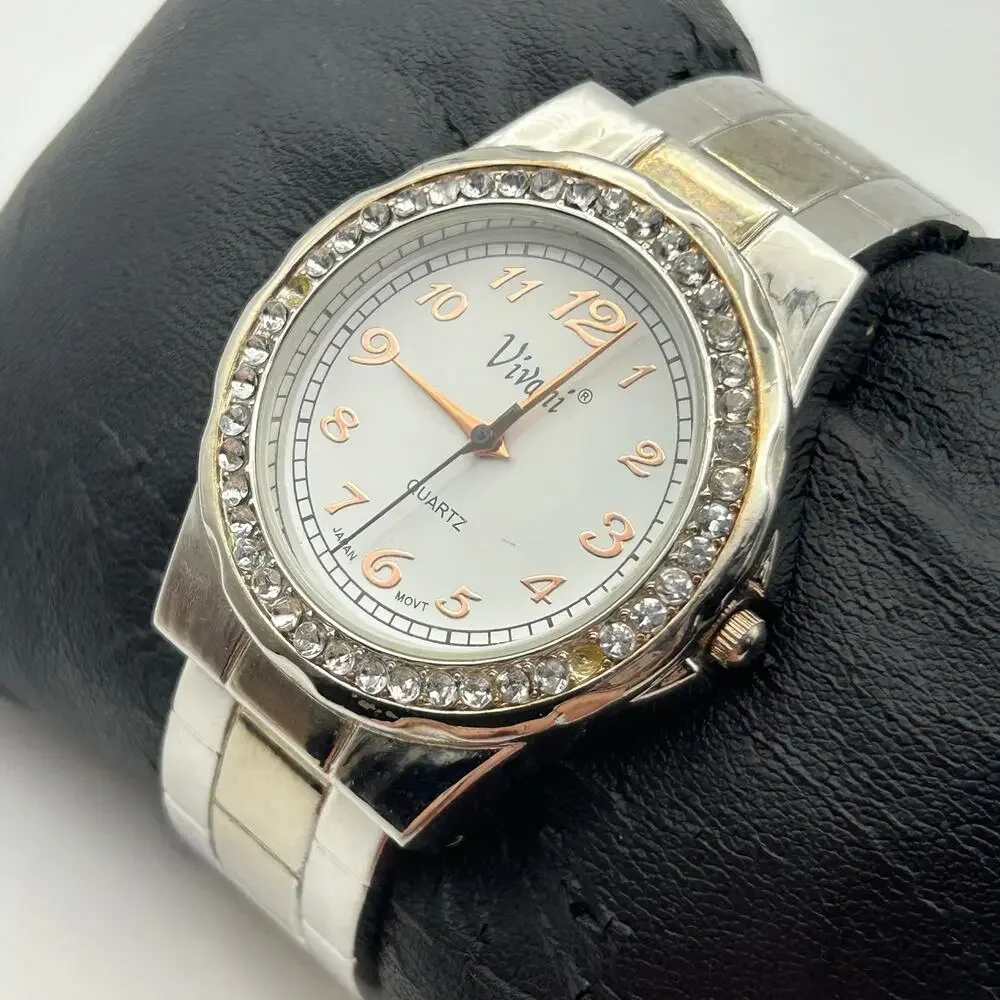 Vivani Two-tone Crystal Bezel Women’s Cuff Watch Working New Battery